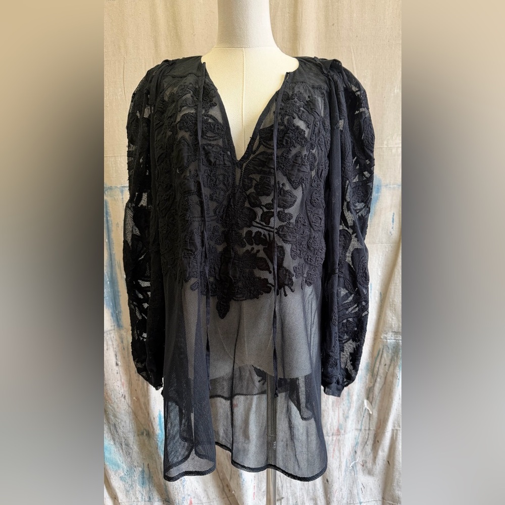 Rachel Comey Bacchus Embroidered Mesh Puff Sleeve Blouse - Black - Size 4